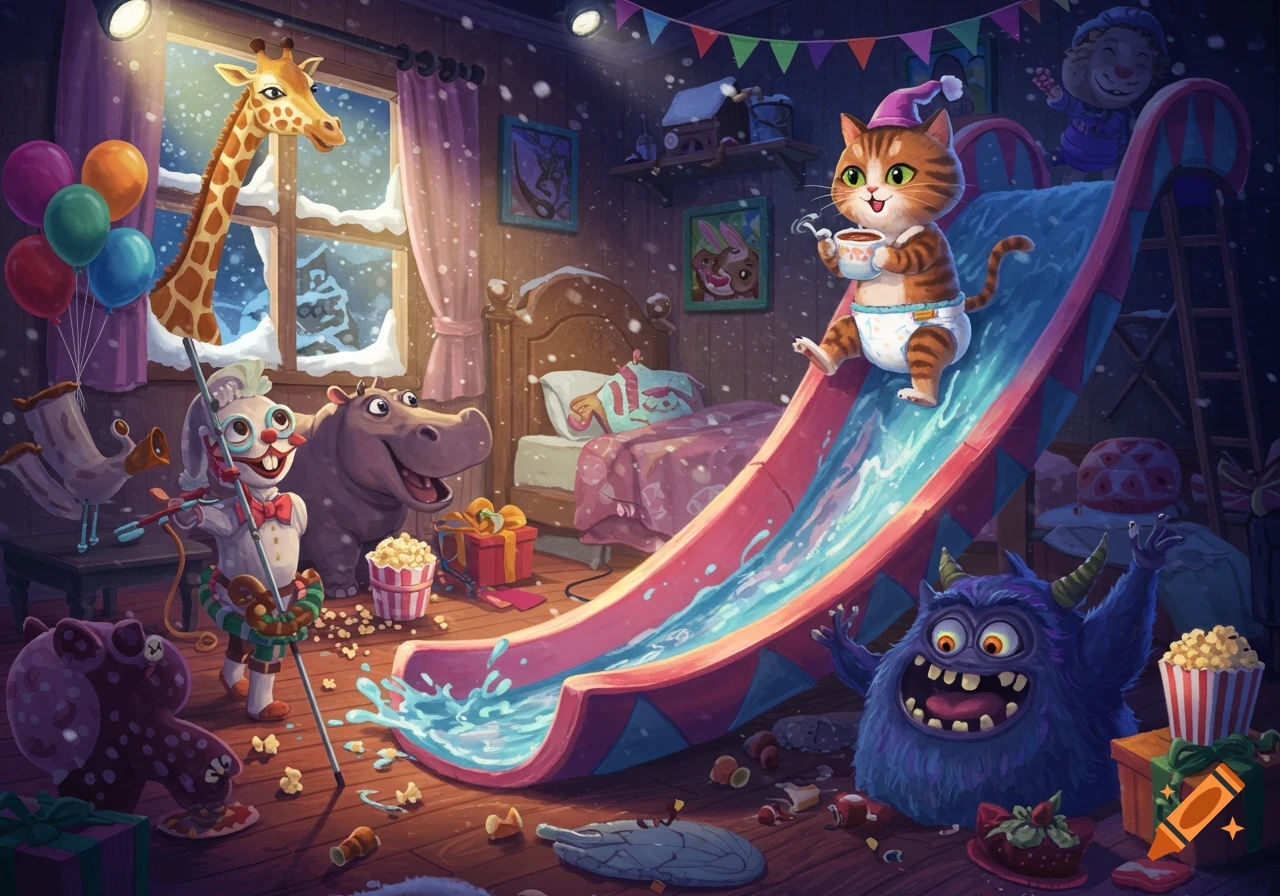A whimsical cartoon illustration of a cat on a water slide in a festive bedroom with other cartoon animals, snowing outside.