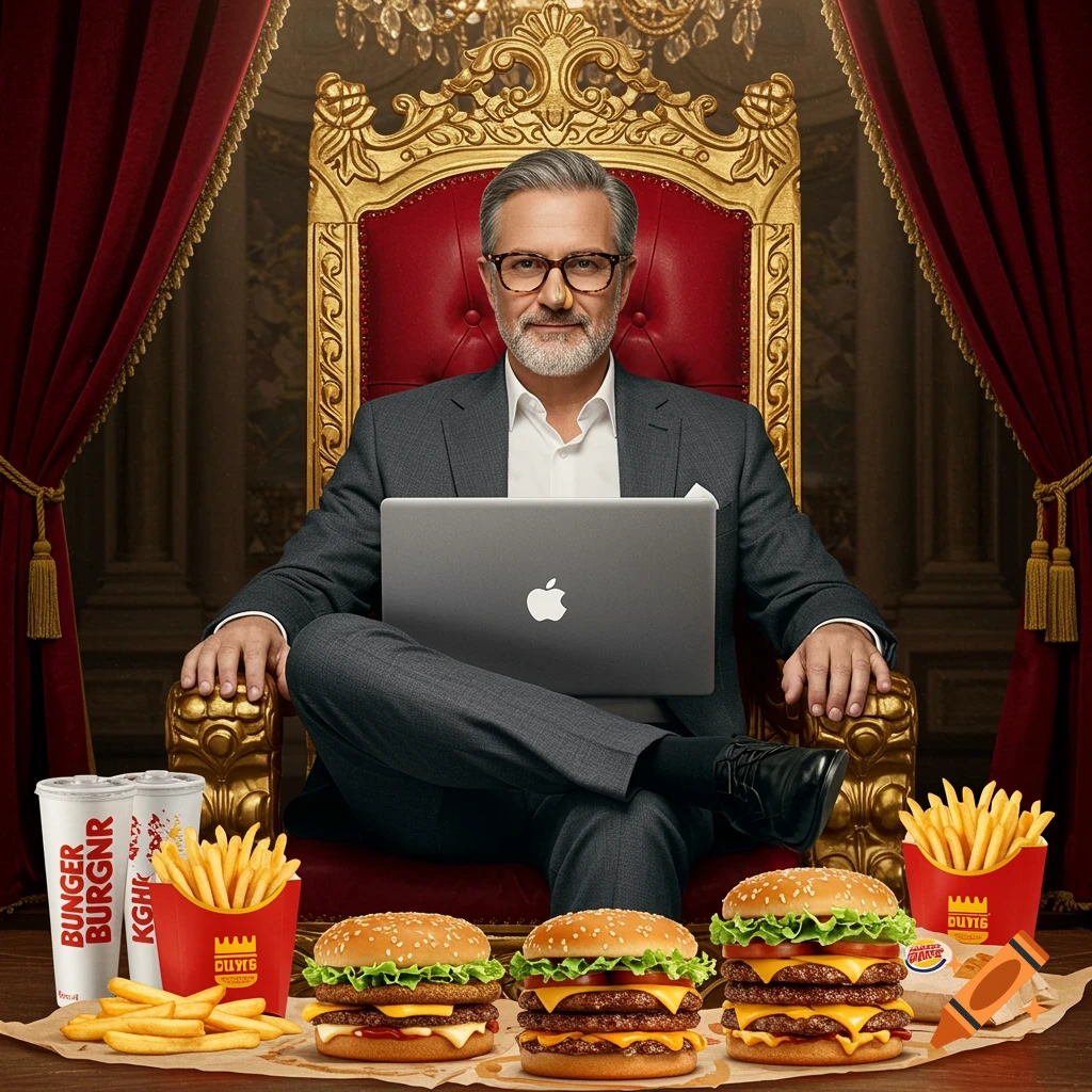 A man in a suit with glasses sits on a golden throne with a laptop, surrounded by burgers, fries, and drinks from Burger King.