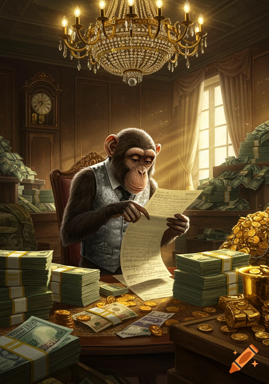 A chimpanzee in a waistcoat sits at a grand desk, diligently reading a document amidst stacks of money and gold coins in a luxurious room with a chandelier.