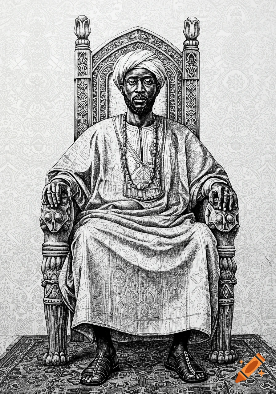 Black and white drawing of an African man in a turban and elaborate robe, seated regally on an ornate throne.