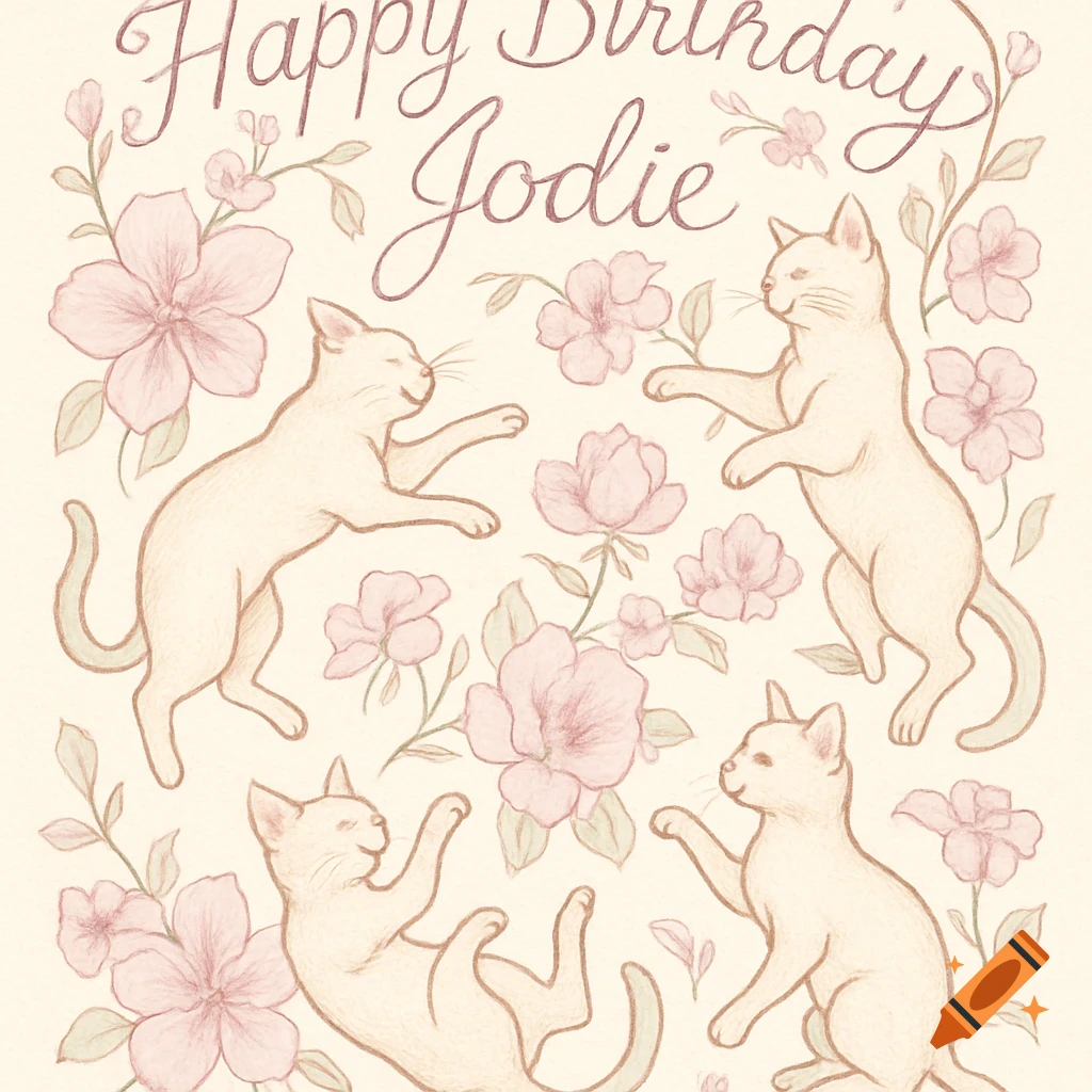 Hand-drawn illustration of four playful light brown cats among pink flowers and vines, with 'Happy Birthday Jodie' text at the top.