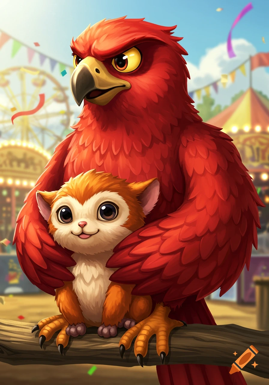 A large red cartoon hawk protectively holds a small, furry, orange and white creature on a branch at a carnival.
