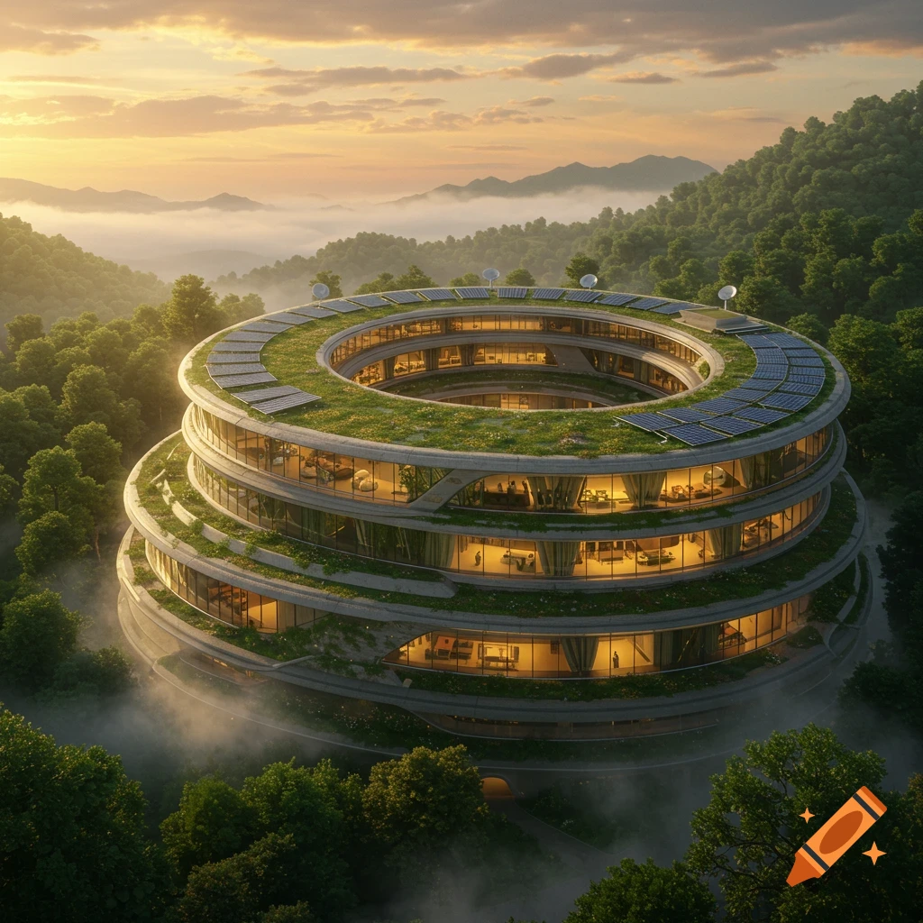 A circular, multi-level building with green roofs and solar panels nestled in a lush, misty forest at sunset.