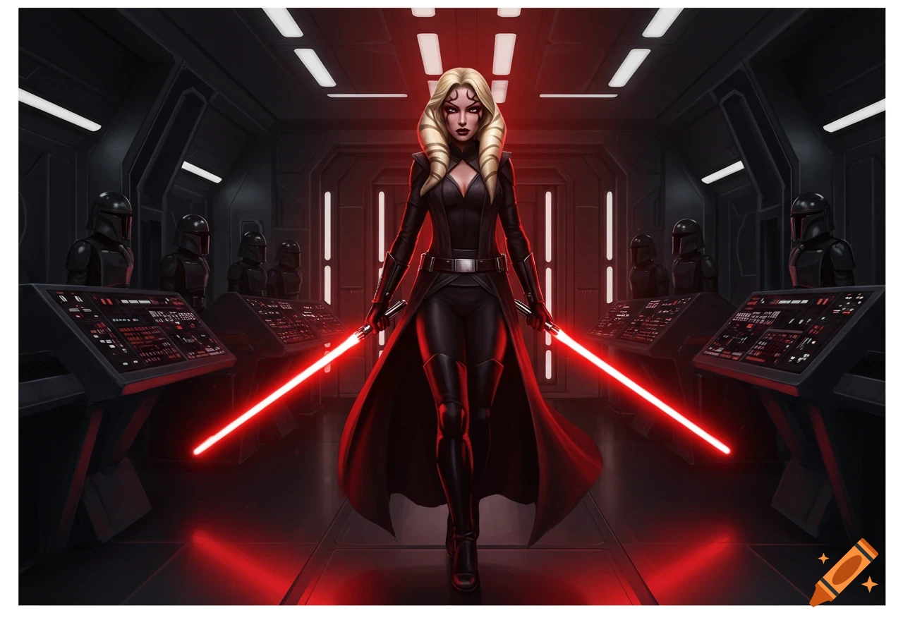 A female Sith Lord with blonde hair and red lightsabers stands in a dark Star Wars-style control room with armored troopers.