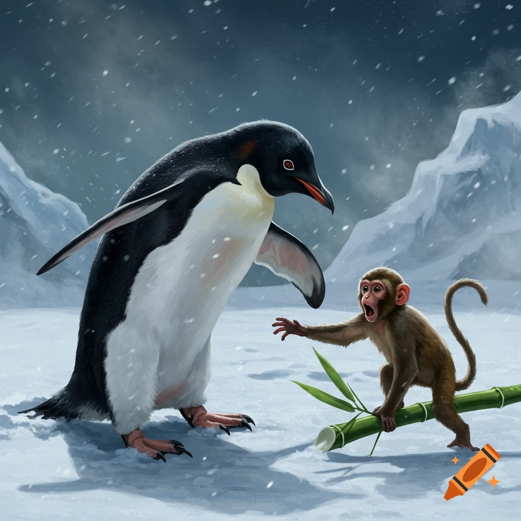 A large penguin confronts a scared monkey holding a bamboo stick in a snowy, icy landscape digital painting.