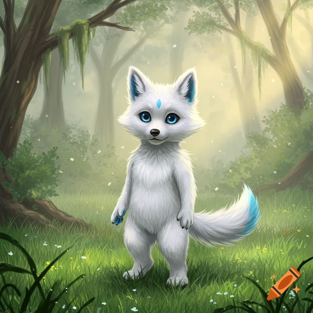 A white furry wolf creature with blue eyes and blue accents on its ears and tail stands in a lush, green, misty forest.
