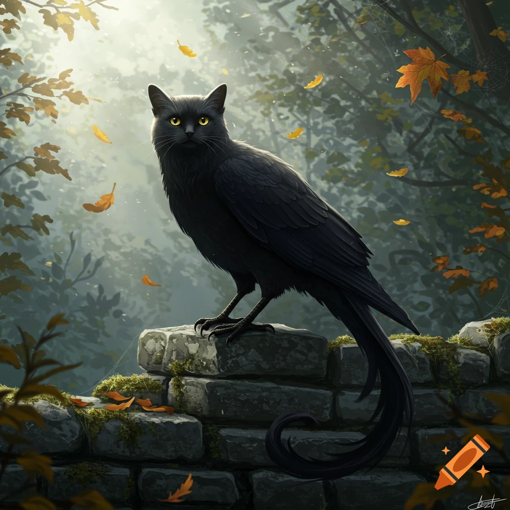 A dark cat-crow hybrid creature with yellow eyes perches on a mossy stone wall in a misty forest with falling autumn leaves.