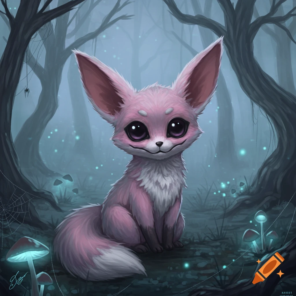 A small, pink, furry fox-like creature with large ears and big black eyes sits in a dark, misty forest among glowing blue mushrooms and floating lights.