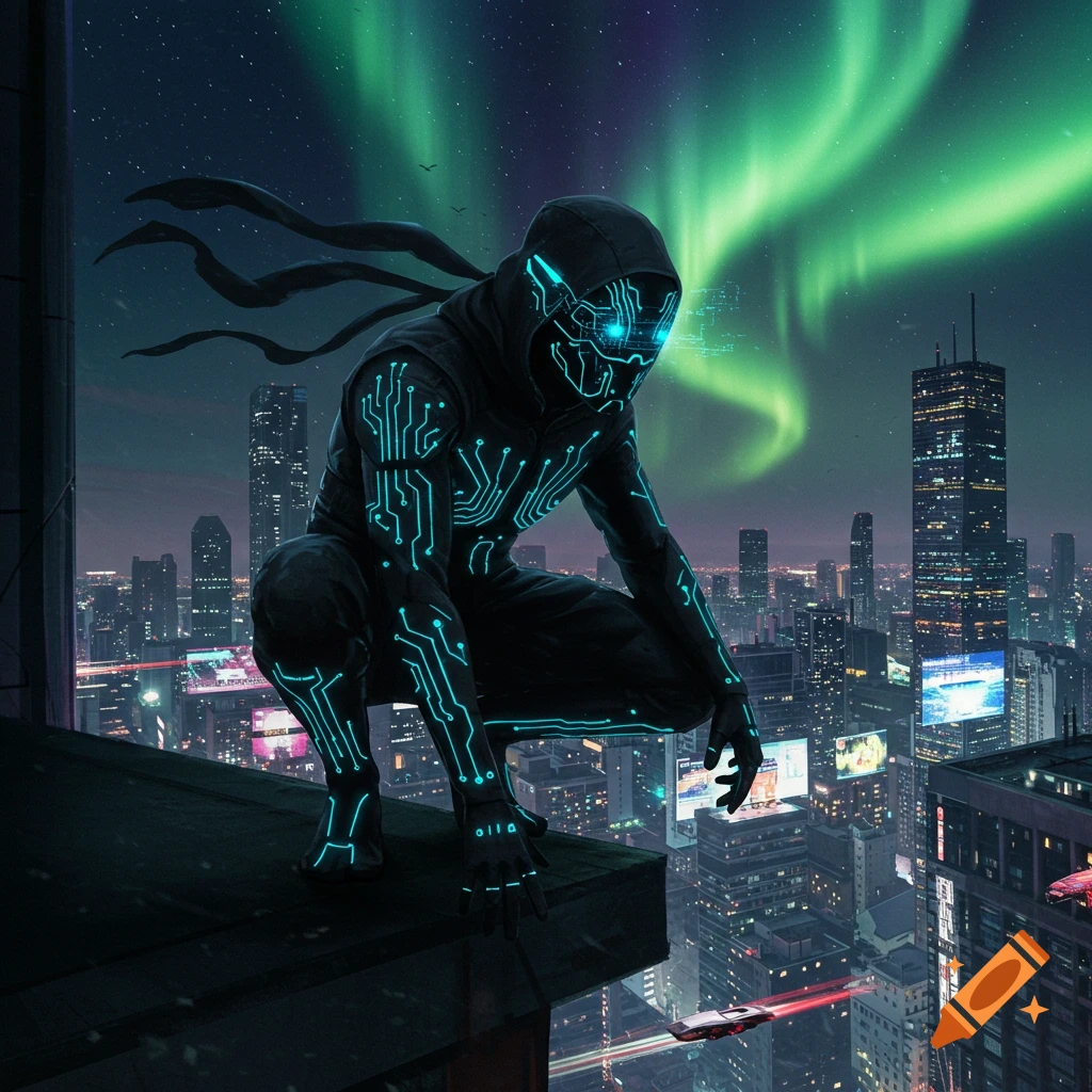 A futuristic character in a black suit with glowing circuit patterns crouches on a skyscraper overlooking a neon-lit city at night, under a green aurora.