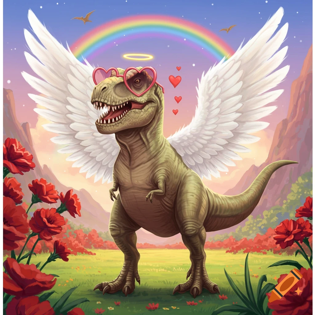A whimsical green T-Rex with large white wings, pink heart-shaped glasses, and a golden halo, standing in a field of red flowers under a rainbow and blue sky.