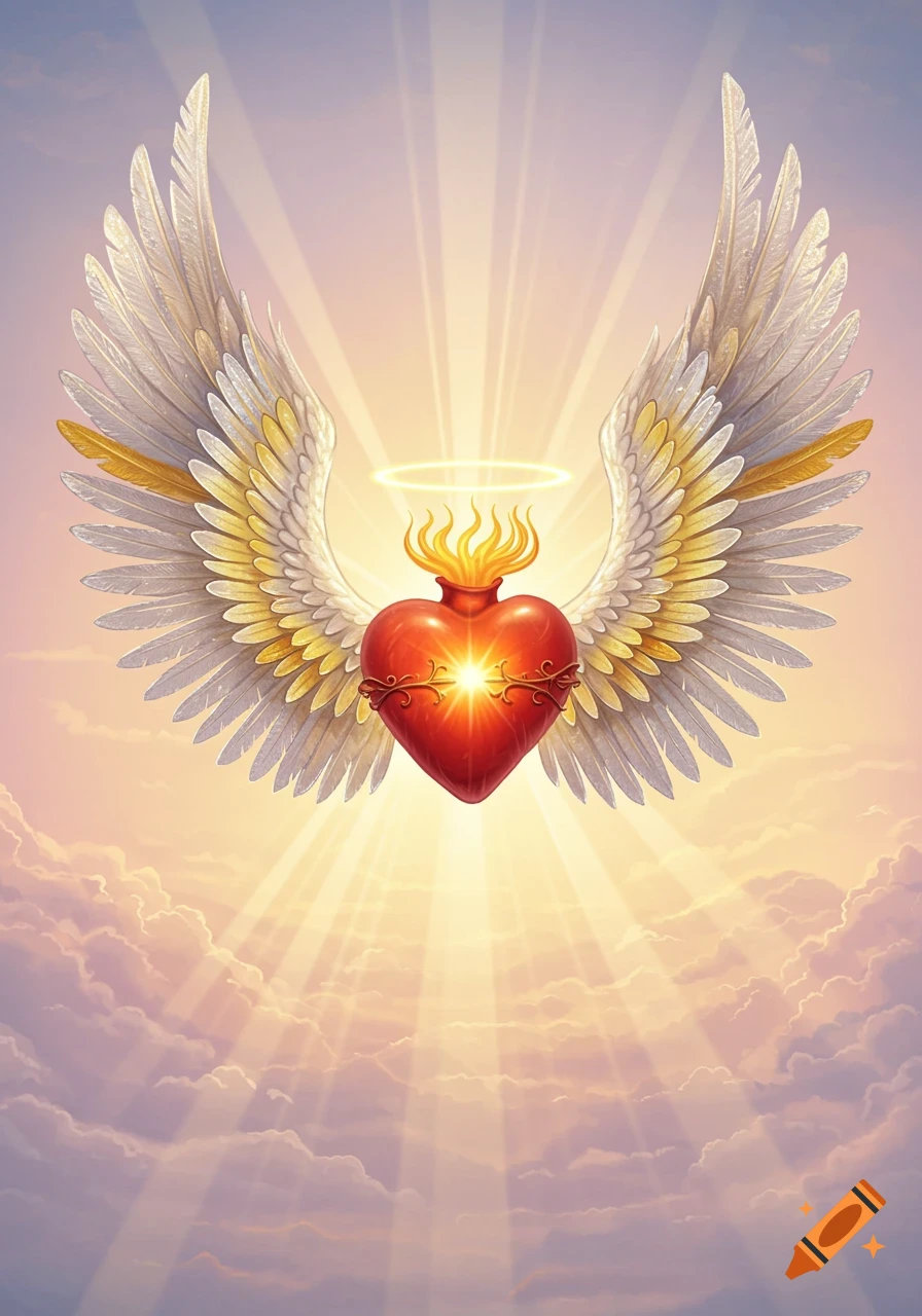A radiant sacred heart with white and gold wings and a halo, surrounded by bright light rays in a cloudy sky.