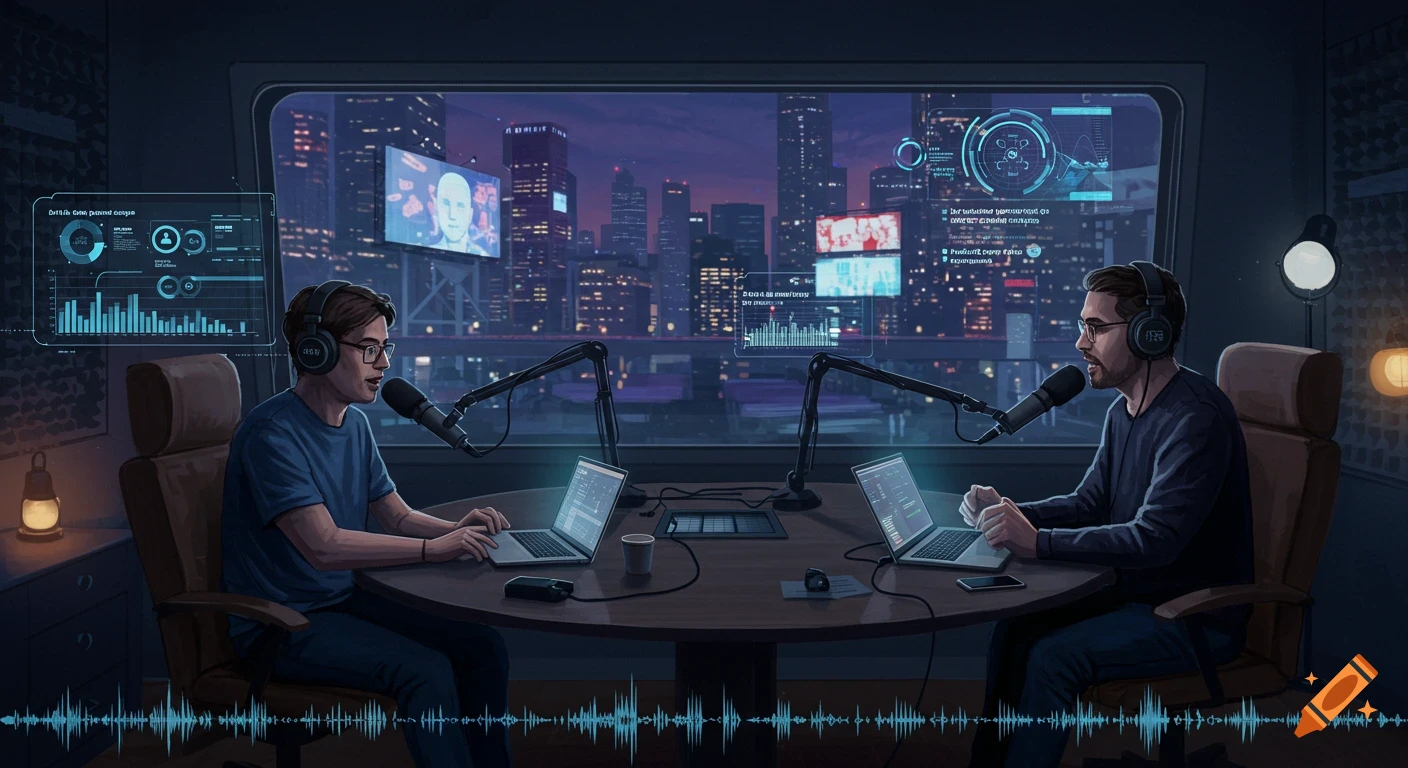Two men wearing headphones podcasting in a futuristic studio overlooking a city skyline at dusk, with data screens and microphones.