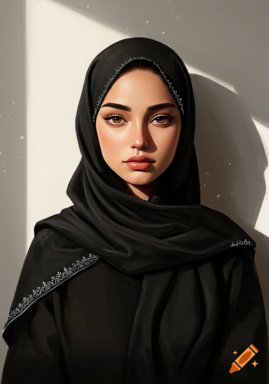 A digital painting portrait of a young woman wearing a black hijab and abaya, looking directly forward.