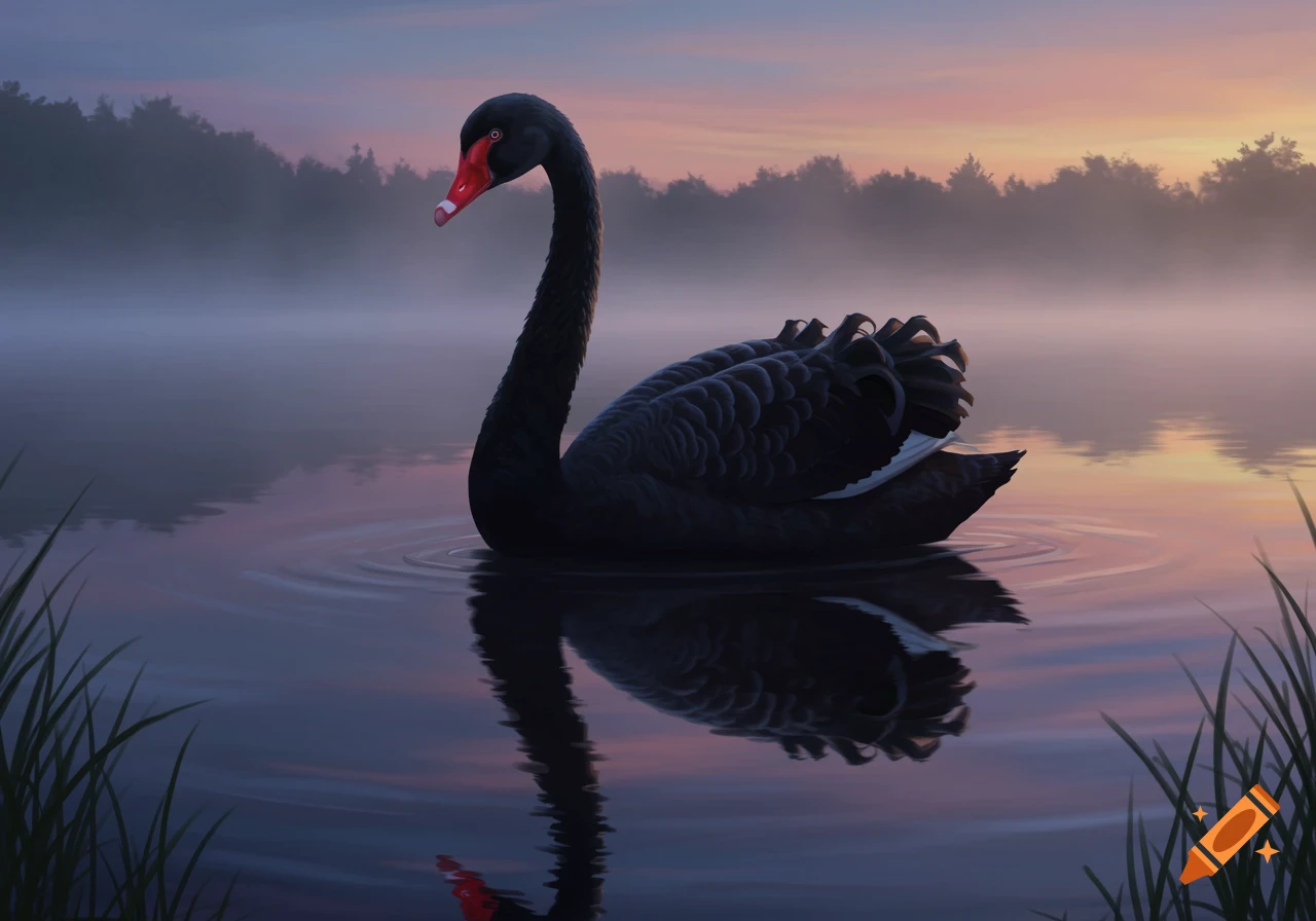 A black swan with a red beak floats on a misty lake at sunrise, surrounded by subtle reflections and distant trees in the background.