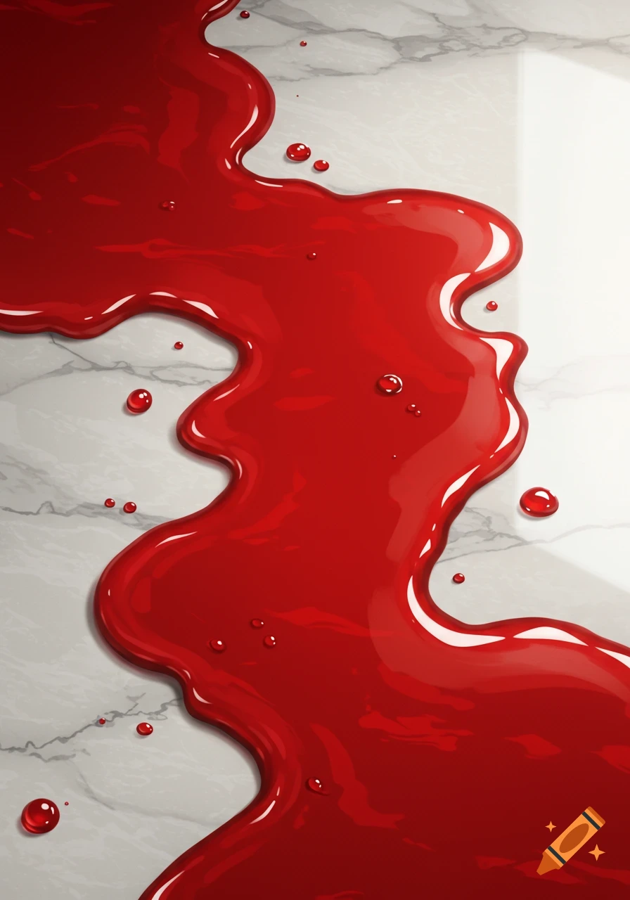 A stylized illustration of a large spill of bright red liquid resembling blood on a white marble surface.