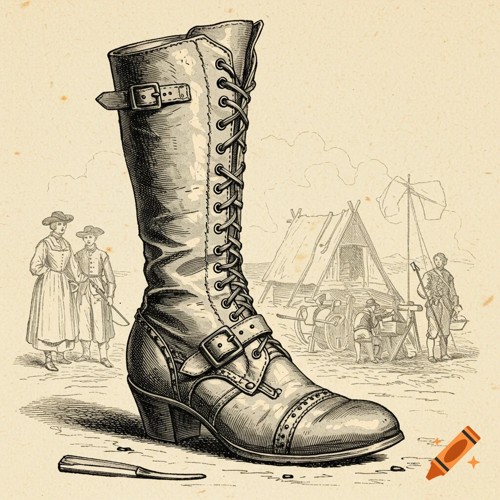 Colonial style etching of a tall, buckled and laced boot, with historical figures and tents in the background.