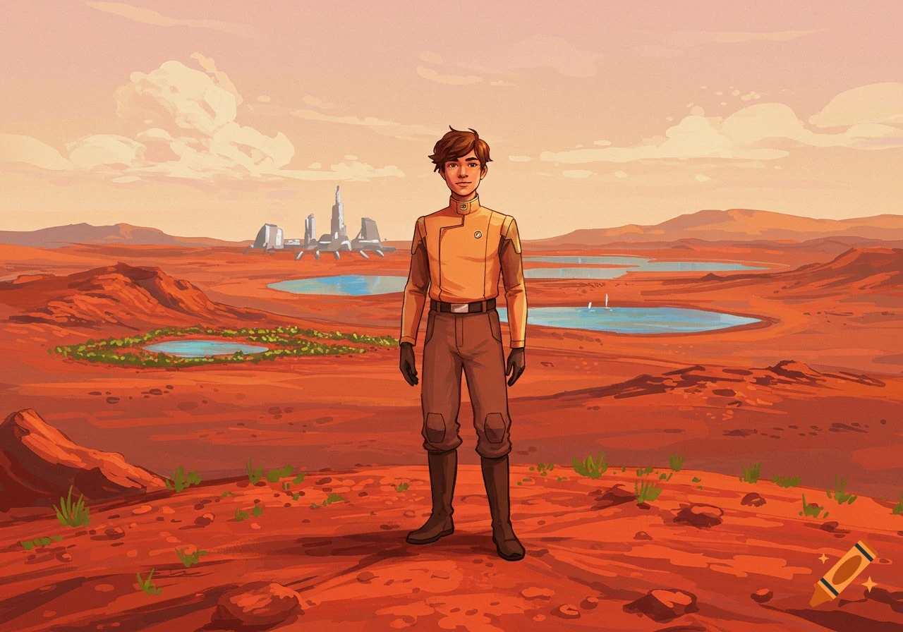 A hopeful young leader in futuristic attire stands on terraformed Mars with red soil, blue lakes, and green vegetation under a pastel sky.