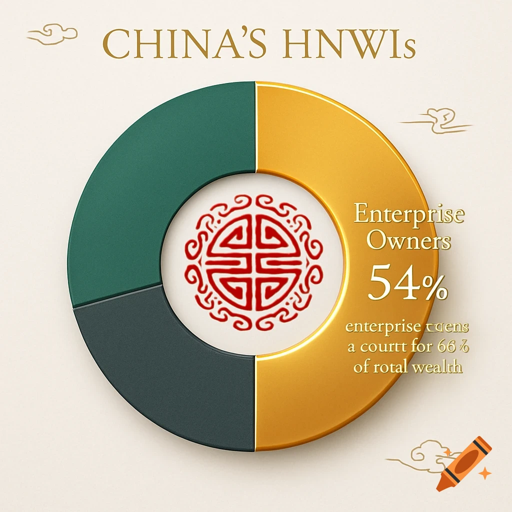A 3D pie chart titled "CHINA'S HNWIs" with a large gold segment labeled "Enterprise Owners 54%" and an inner red traditional Chinese symbol.