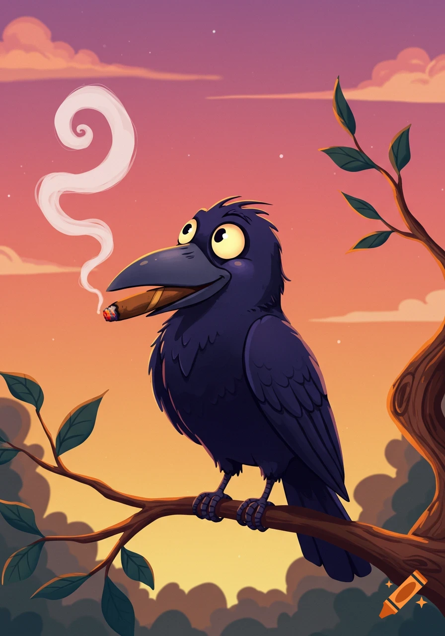 A cartoon crow with big eyes sits on a branch at sunset, smoking a cigar with swirling smoke.