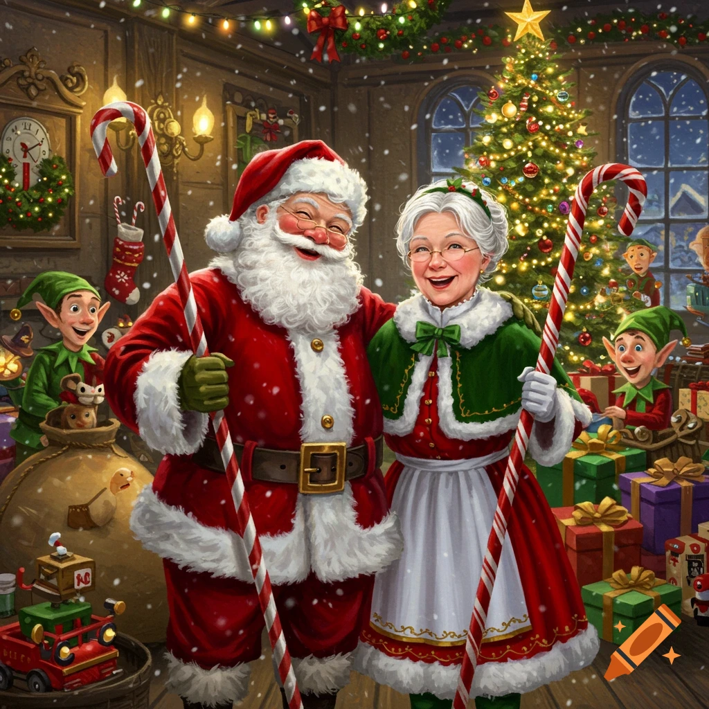 Santa and Mrs. Claus stand smiling in a festive, snowy room filled with gifts and Christmas decorations. Elves are visible in the background.