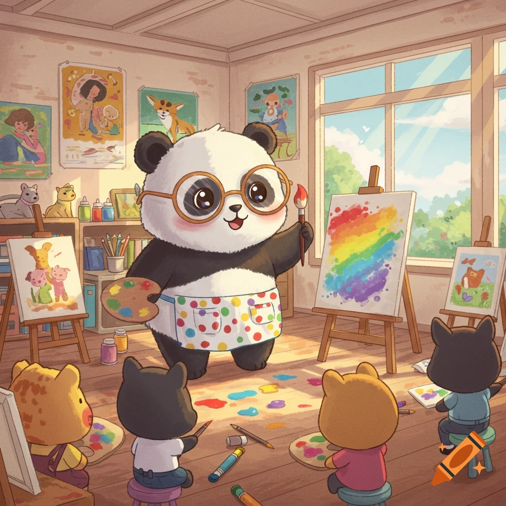 A cute cartoon panda wearing glasses and an apron teaches a class of small animal students to paint in a sunny art classroom.