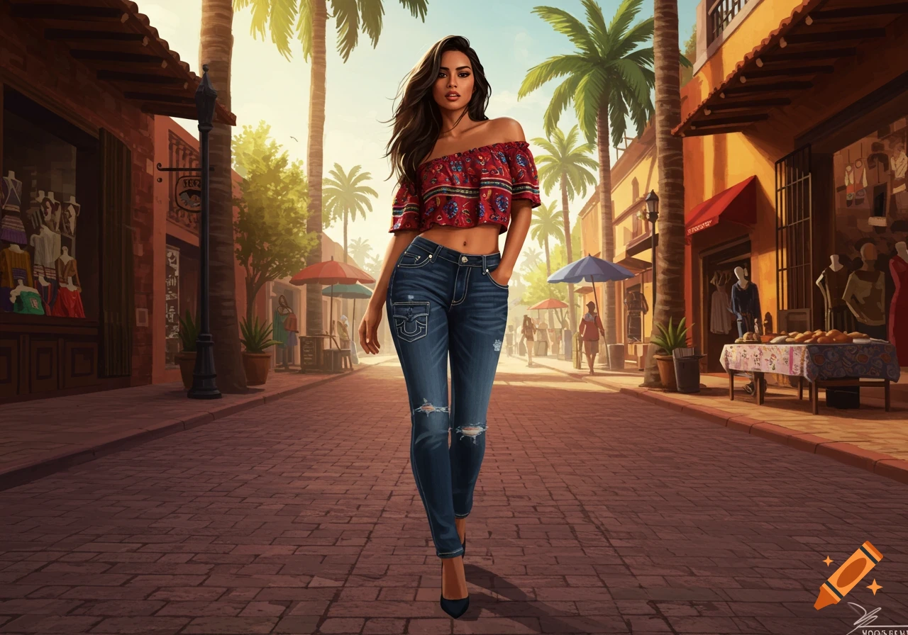 An illustrative image of a woman in a red off-the-shoulder top and ripped jeans walking on a cobblestone street with shops and palm trees.