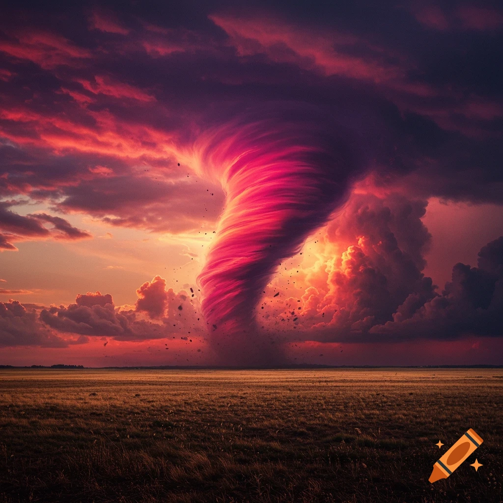 A swirling purple and blood-red tornado tears across a vast golden field under a dramatic red and orange sunset sky.