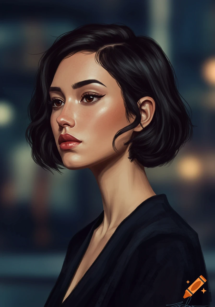 A digital painting of a young woman with short black hair, high cheekbones, and full red lips, looking gracefully to the side.