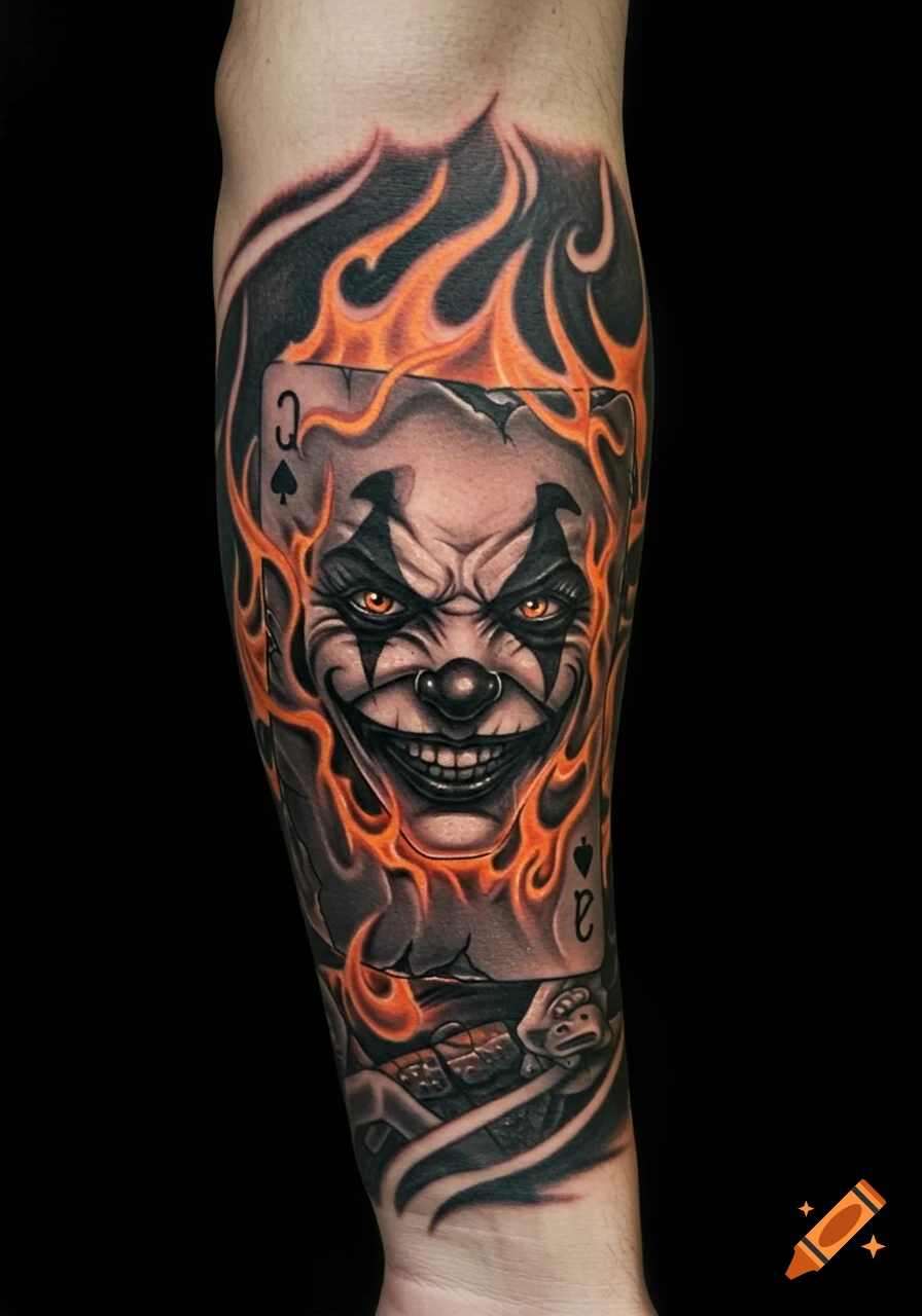 A colorful tattoo on a forearm depicting a menacing clown face on a queen of spades playing card, surrounded by orange flames.