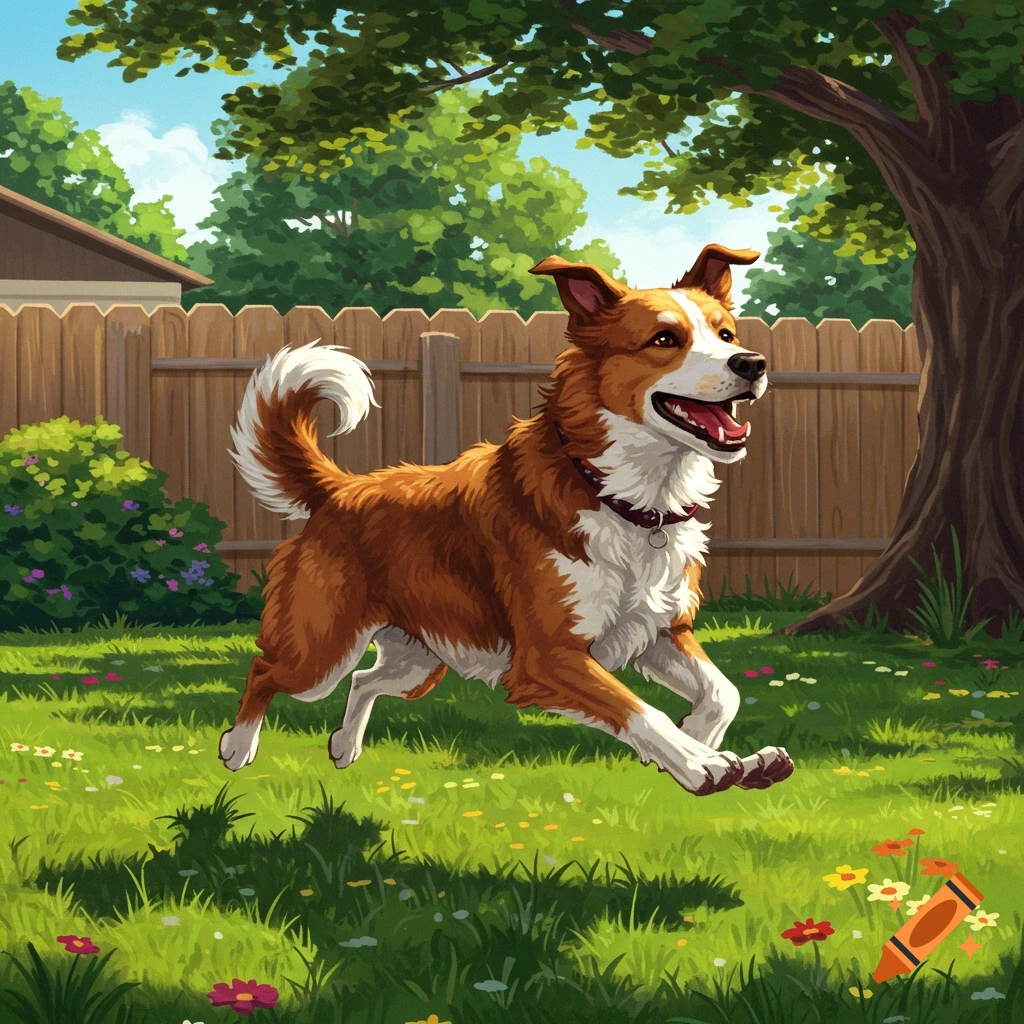 A happy brown and white dog runs through a green, grassy backyard with a wooden fence and trees in an illustrative style.