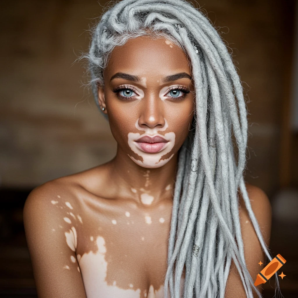 Close-up portrait of a woman with grey dreadlocks, bright blue eyes, and vitiligo on her face and upper body.