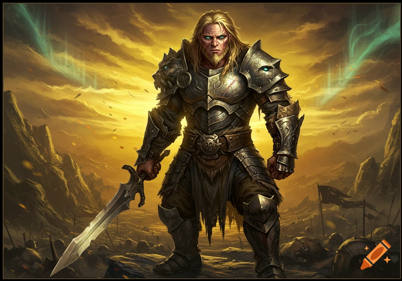 A powerful blonde-haired warrior in detailed armor stands on a battlefield, holding a sword under a dramatic golden sky.