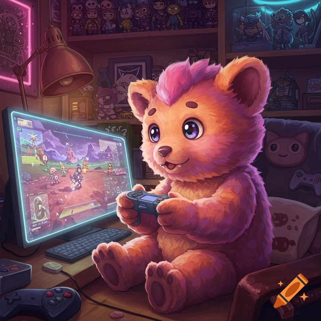 A cute cartoon bear with pink hair sits on the floor, playing a video game on a monitor in a cozy room filled with collectibles and neon lights.