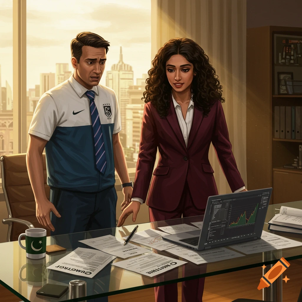 A man in a polo shirt and tie looks confused at a laptop screen with a woman in a suit in an office with a city view.
