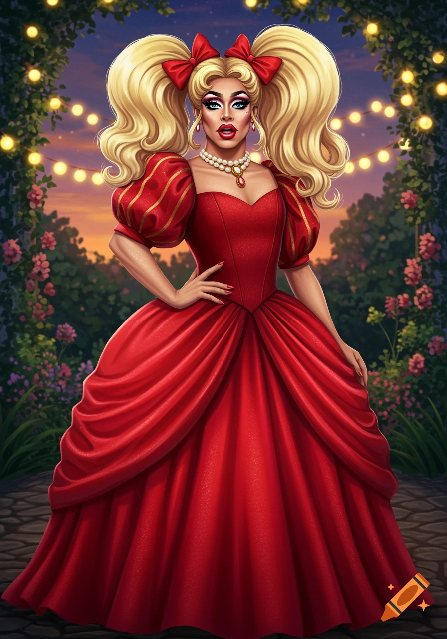 A drag queen in a red princess gown with blonde pigtails and red bows stands in an illuminated garden.