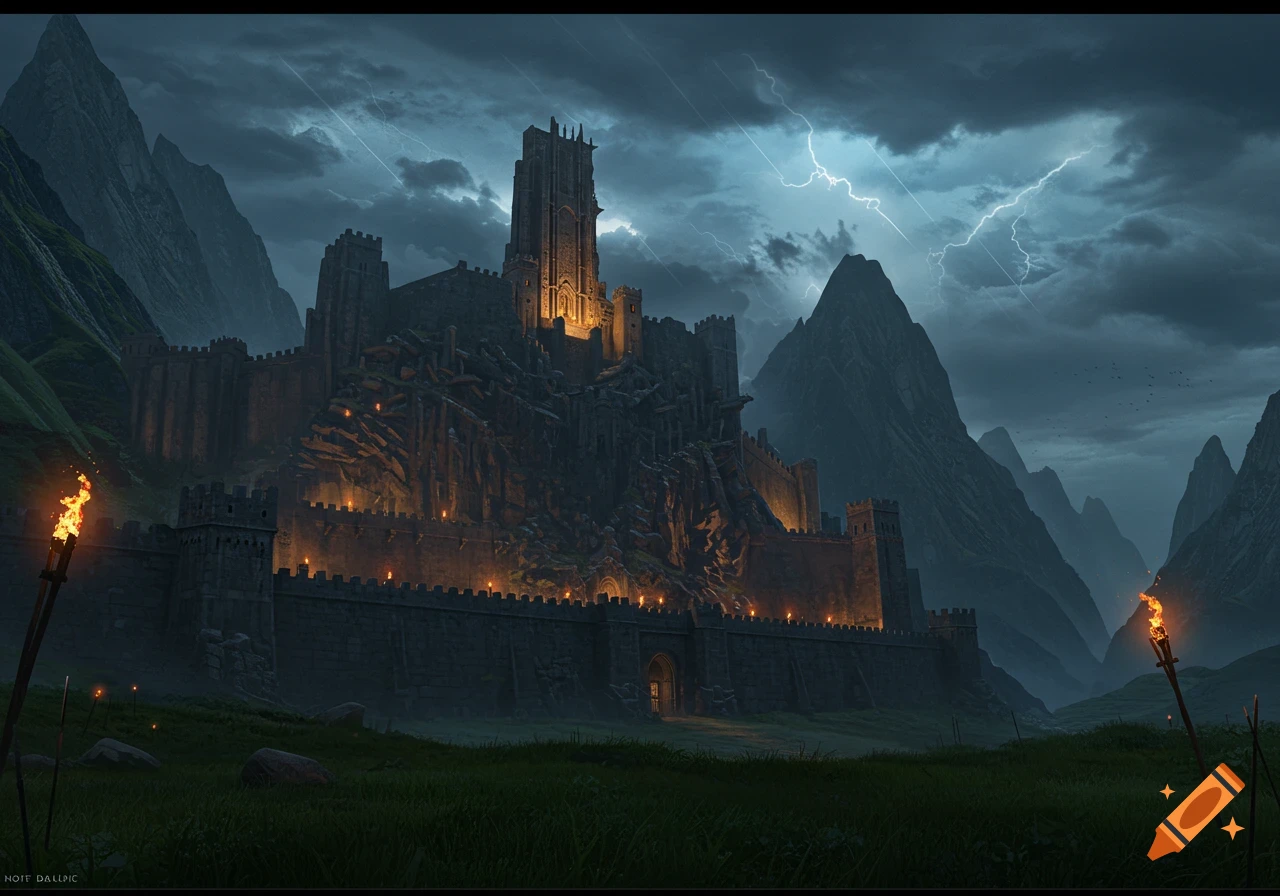 A massive, dark fantasy castle nestled in a valley between jagged mountains under a stormy sky with lightning. Torches illuminate its walls.