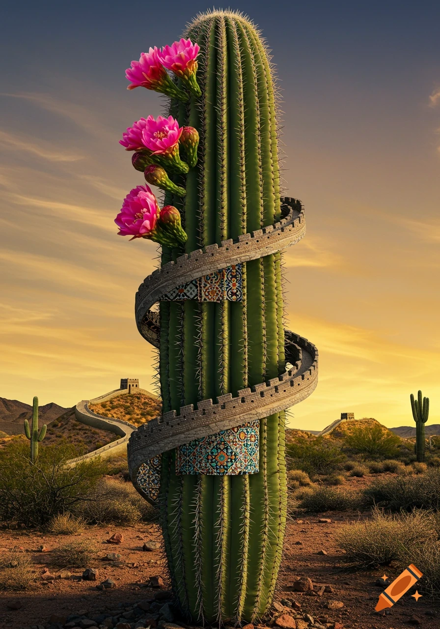 A giant saguaro cactus with pink blooms, spiraling Great Wall of China featuring Moroccan mosaics, in a desert at sunset.