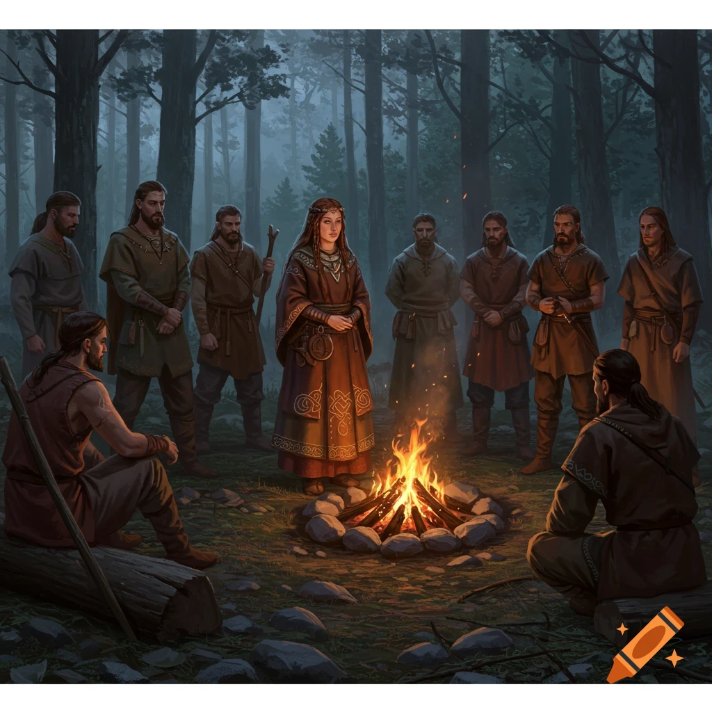 A serene pagan woman in historical clothing stands by a crackling bonfire, surrounded by men in a dark, mystical forest at night.