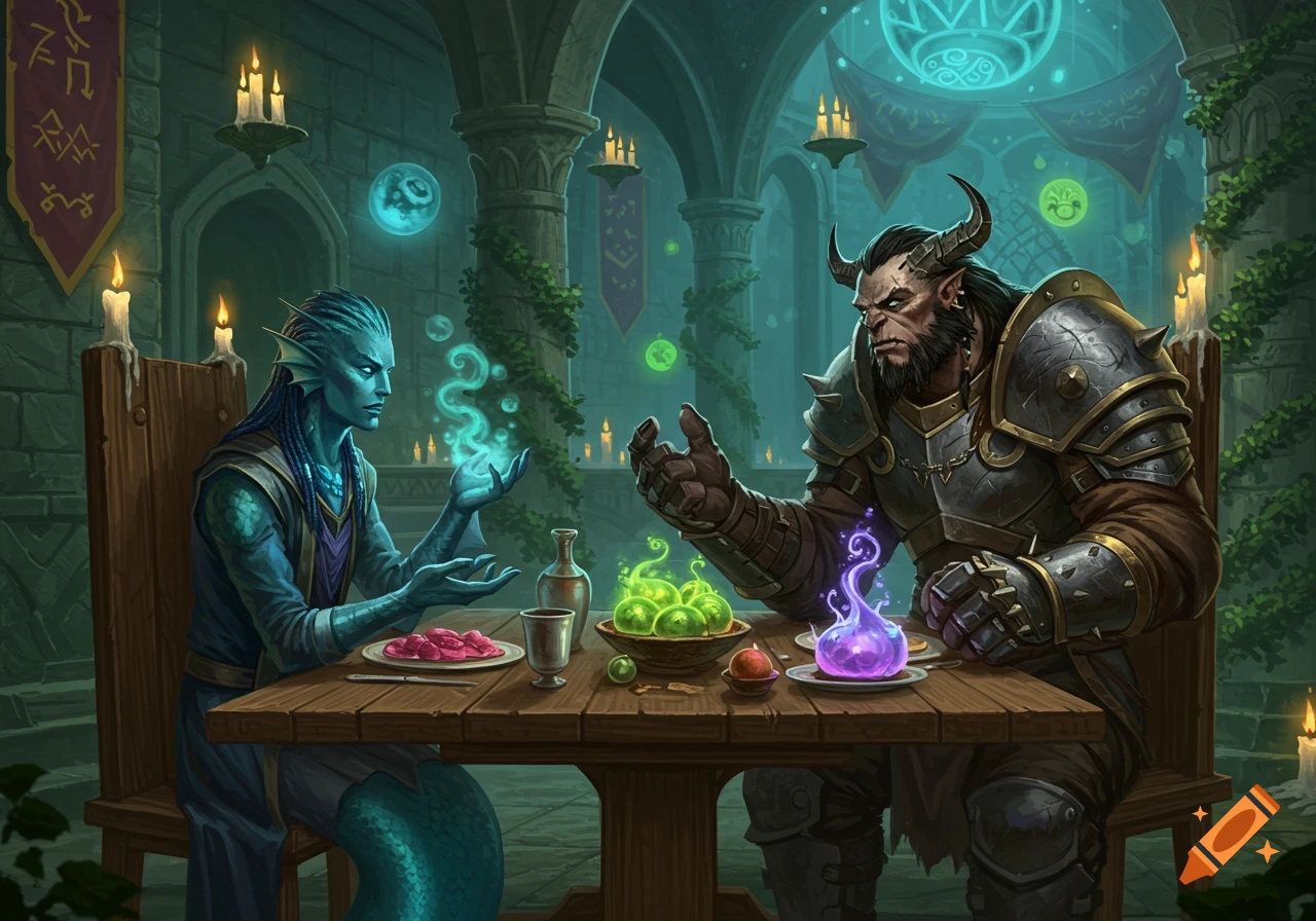 A merfolk and a horned warrior sit at a candlelit wooden table in a stone hall, surrounded by magical glowing effects.