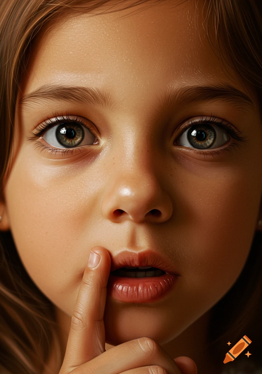 Close-up photorealistic portrait of a young girl with wide eyes, a serious expression, and a finger to her lips.