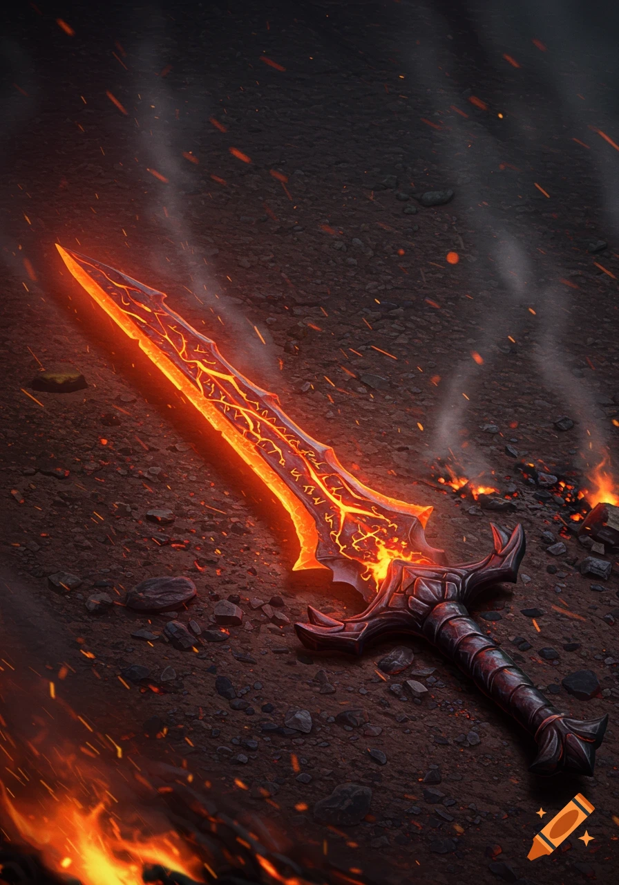 A glowing orange fantasy sword with lava-like patterns lies on dark, smoky ground amidst embers.