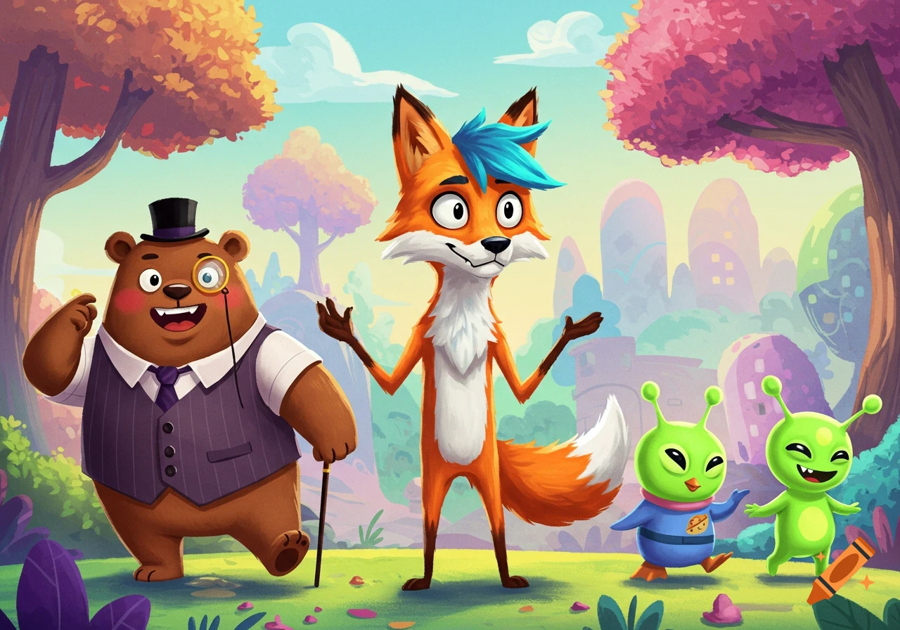 A whimsical cartoon scene with a smiling bear in a top hat, a fox with blue hair, and two small green aliens in a colorful landscape.