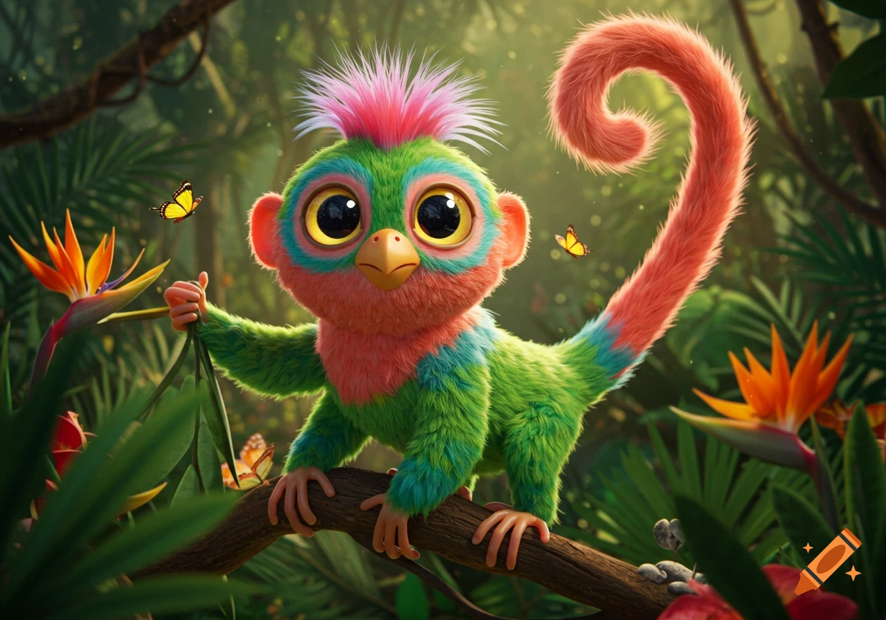 A vibrant, cartoonish creature with big eyes and a pink mohawk sits on a jungle branch amidst butterflies and tropical flowers.