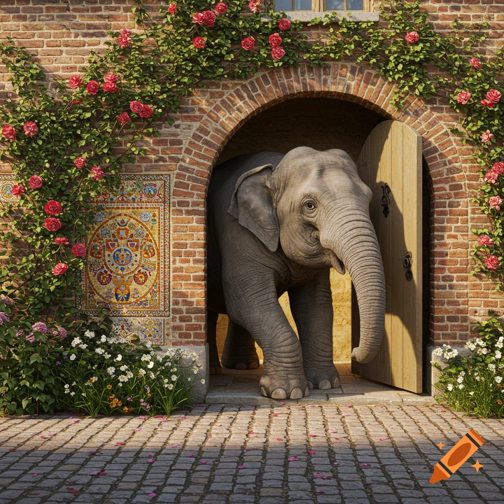 A photorealistic image of an elephant emerging from a small, arched doorway in a brick building covered in red roses and green vines.