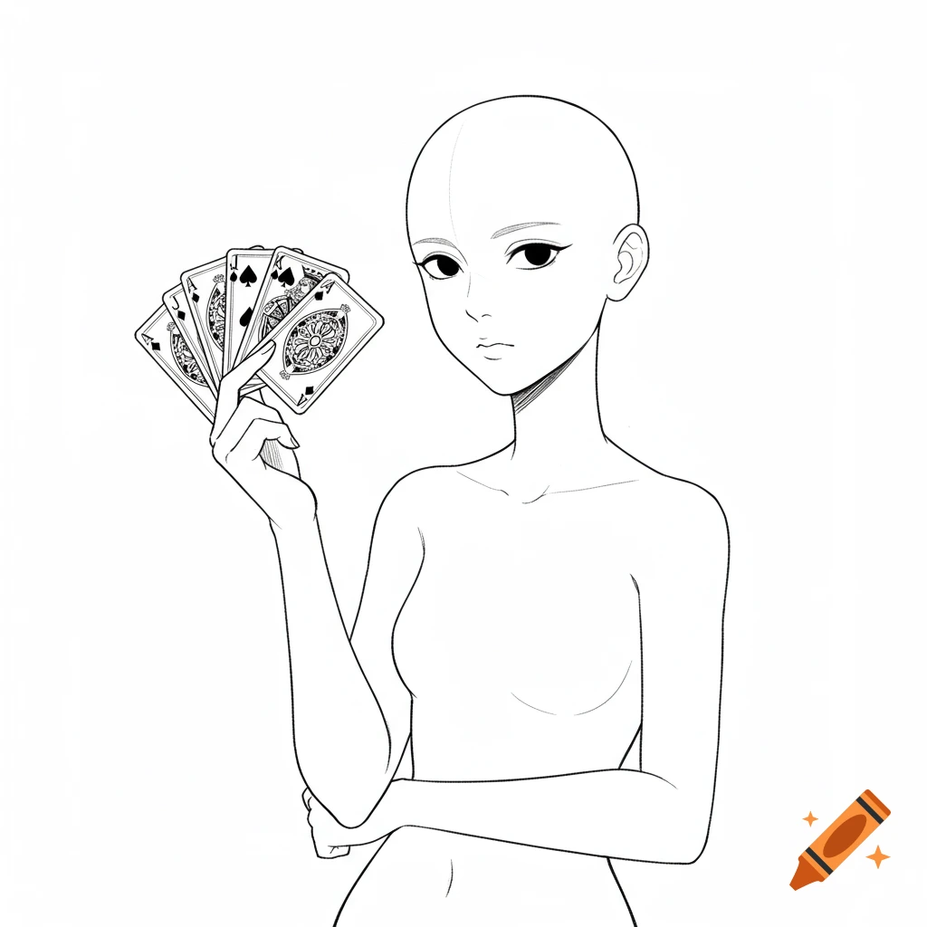 Line art of a bare-chested anime character base holding a fanned hand of playing cards.