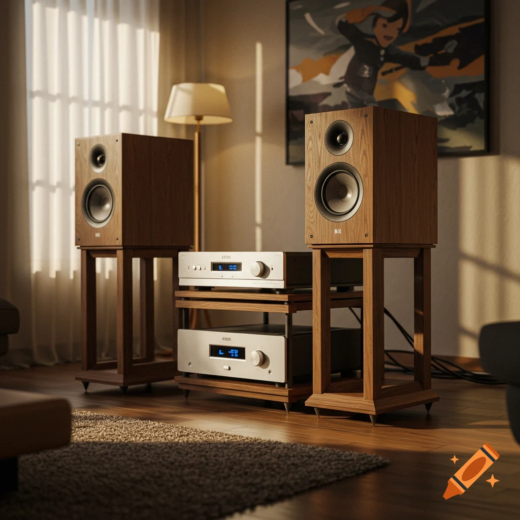 A pair of wooden bookshelf speakers on matching stands, with silver audio components on a wooden rack, in a sunlit living room.