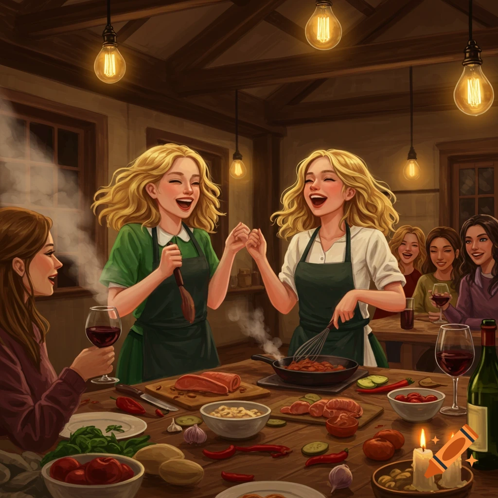 Two blonde women cooking and laughing with friends drinking wine in a warmly lit kitchen, illustration style.