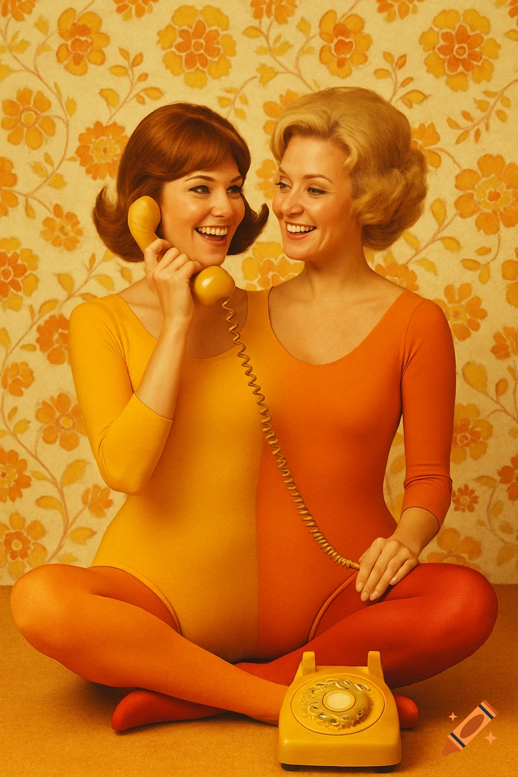 Two smiling women, fused into one body with two heads, wear a split yellow and orange leotard while one holds a retro phone against a floral 1970s background.