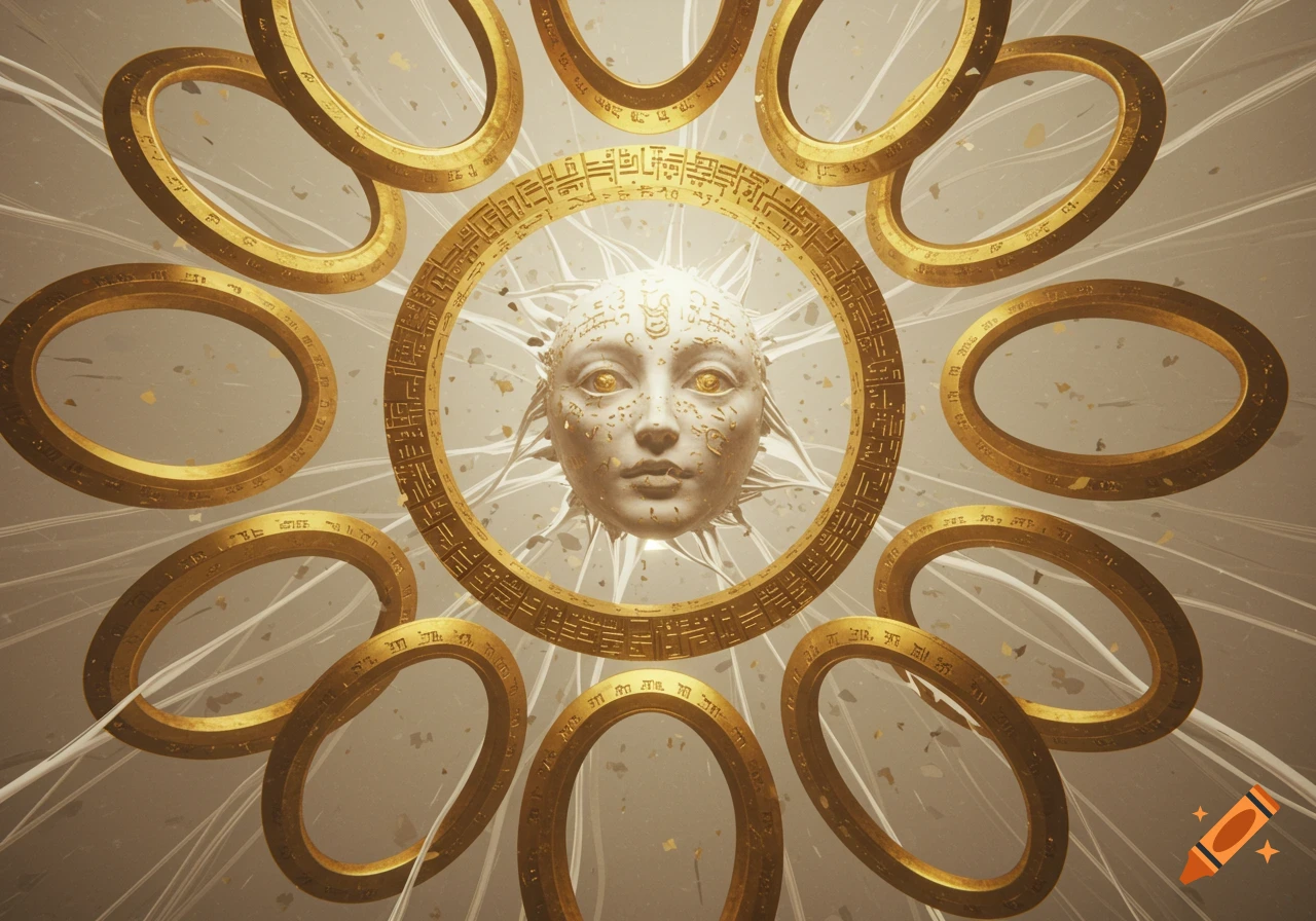 A central, white, sun-like face with golden eyes is surrounded by numerous golden rings inscribed with illegible symbols, set against a light background with white wisps and gold flecks.