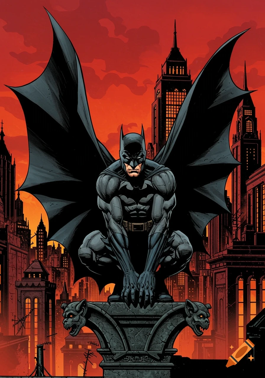 A dark, stylized illustration of Batman perched on a gargoyle, silhouetted against a dramatic red Gotham City skyline.